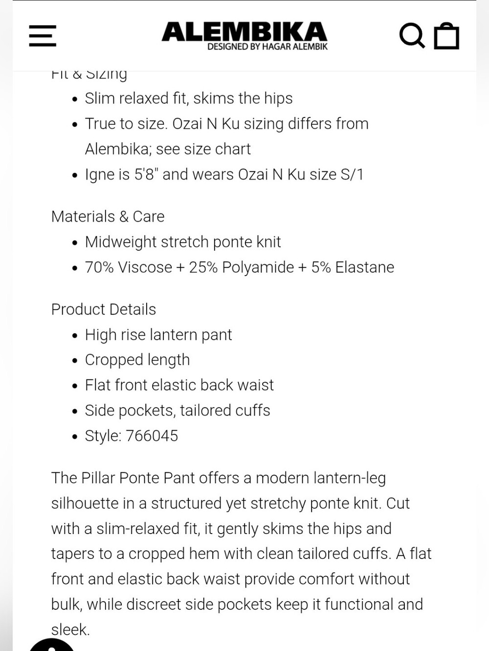 Alembika Ozai N Ku Pillar Ponte Lantern Pull On Black Pant Pleat Tapered S 6-8 - Picture 4 of 16